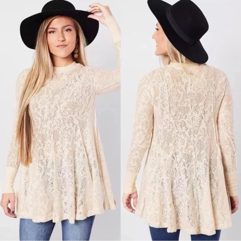 Free People “Coffee In The Morning” Lace Tunic Top